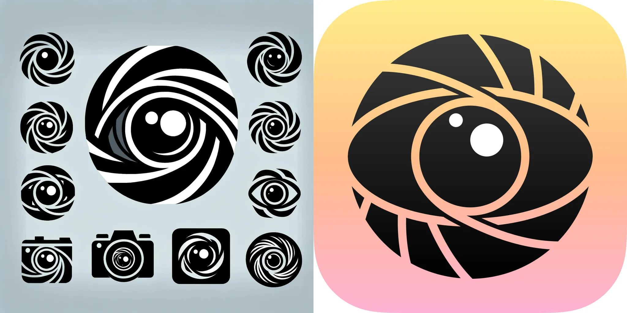 Dalle-3 output on left, showing several icons following the motif of an eye and
a camera iris and a muted blue background. On the right is the final icon,
featuring an eye surrounded by iris blades, with two of the blades acting as
the outline for the eye's pupil. The icon is drawn on top of a pink, orange and
yellow gradient background.
